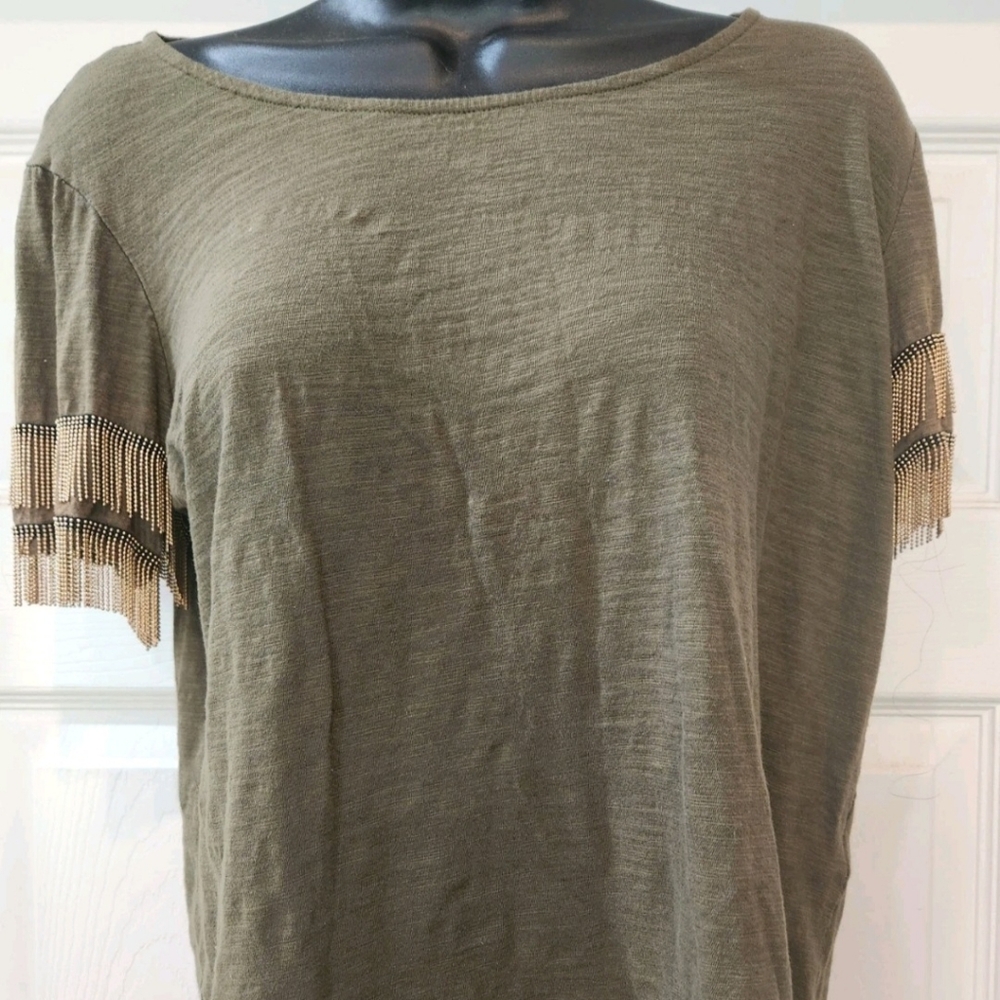 Boston Proper Womens Cropped Top Size Sm Metal Tassels Short Sleeve Shirt Green